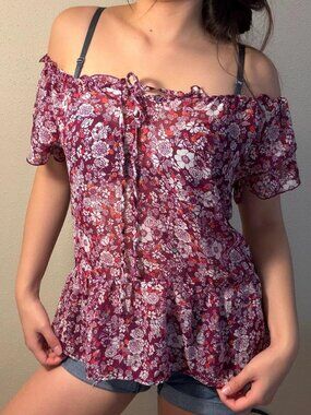 Aeropostale Women's Floral Print Off-Shoulder Peplum Blouse